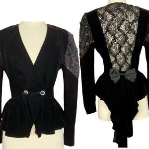 Vintage 80s Zum Zum Black Auburn Velvet Peplum Bow Sequin Lace Top Bolero Jacket